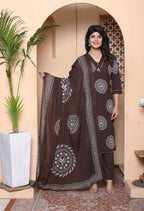 Miravan Womens Animal Print Cotton Brown Stitched Kurta Palazzo With Dupatta Set | Grocsy