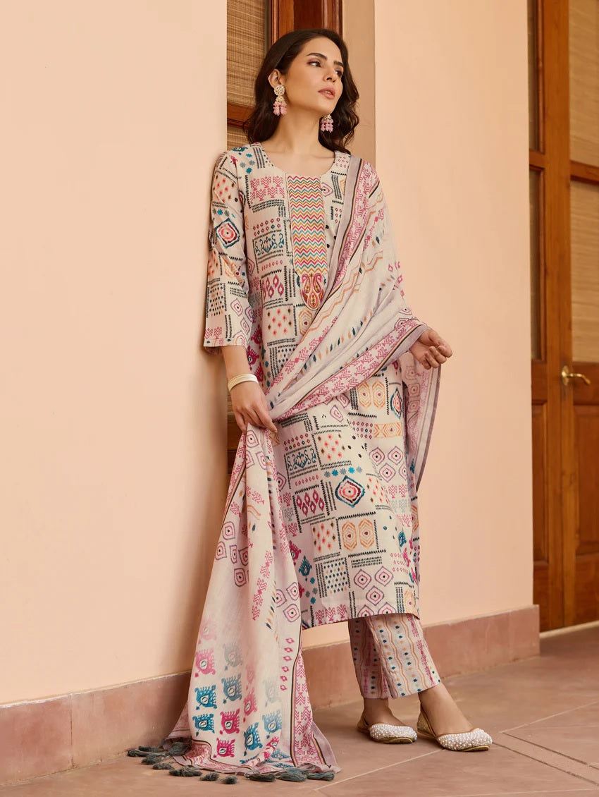 Lorenvalley Cream Cotton Blend Printed Kurta Set | Grocsy