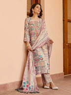 Lorenvalley Cream Cotton Blend Printed Kurta Set | Grocsy