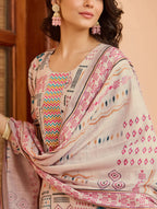 Lorenvalley Cream Cotton Blend Printed Kurta Set | Grocsy