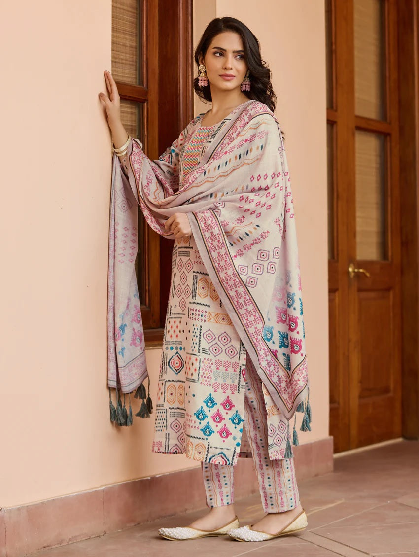 Lorenvalley Cream Cotton Blend Printed Kurta Set | Grocsy