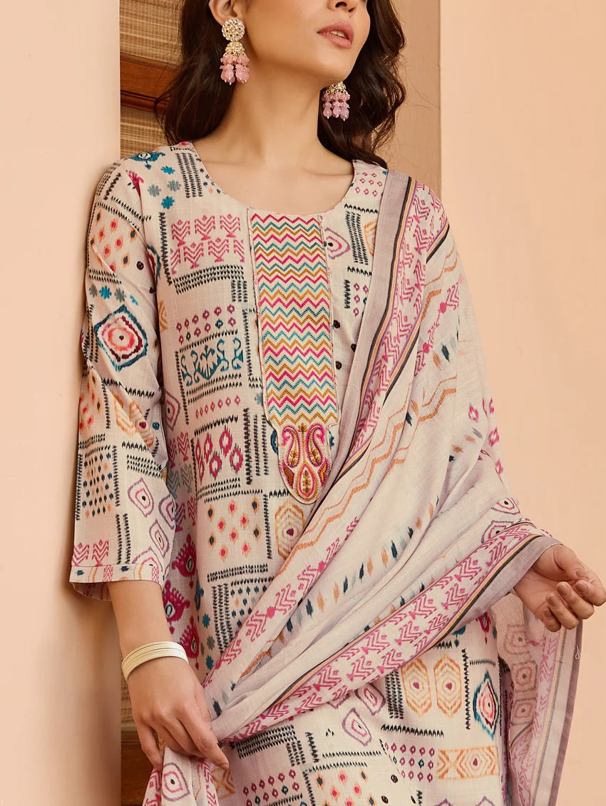 Lorenvalley Cream Cotton Blend Printed Kurta Set | Grocsy