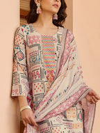Lorenvalley Cream Cotton Blend Printed Kurta Set | Grocsy
