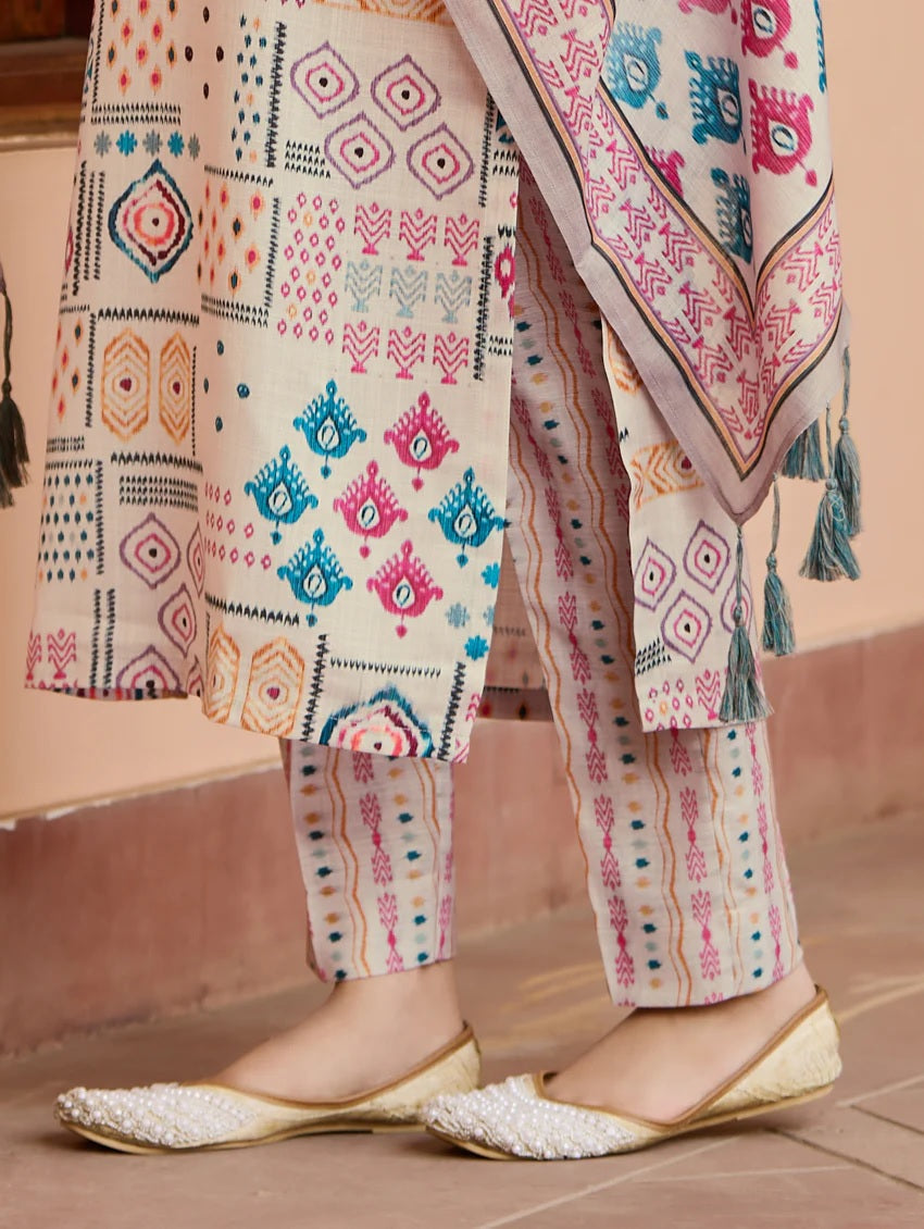 Lorenvalley Cream Cotton Blend Printed Kurta Set | Grocsy