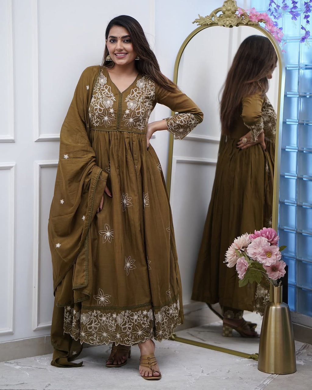Lorenvalley Brown Cotton Silk Embroidered And Chikan Lace Work Kurta Set | Grocsy