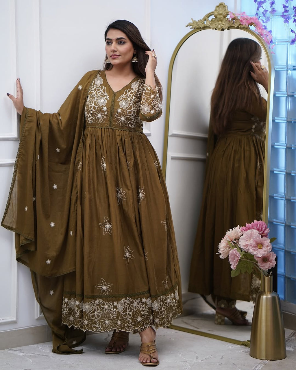 Lorenvalley Brown Cotton Silk Embroidered And Chikan Lace Work Kurta Set | Grocsy