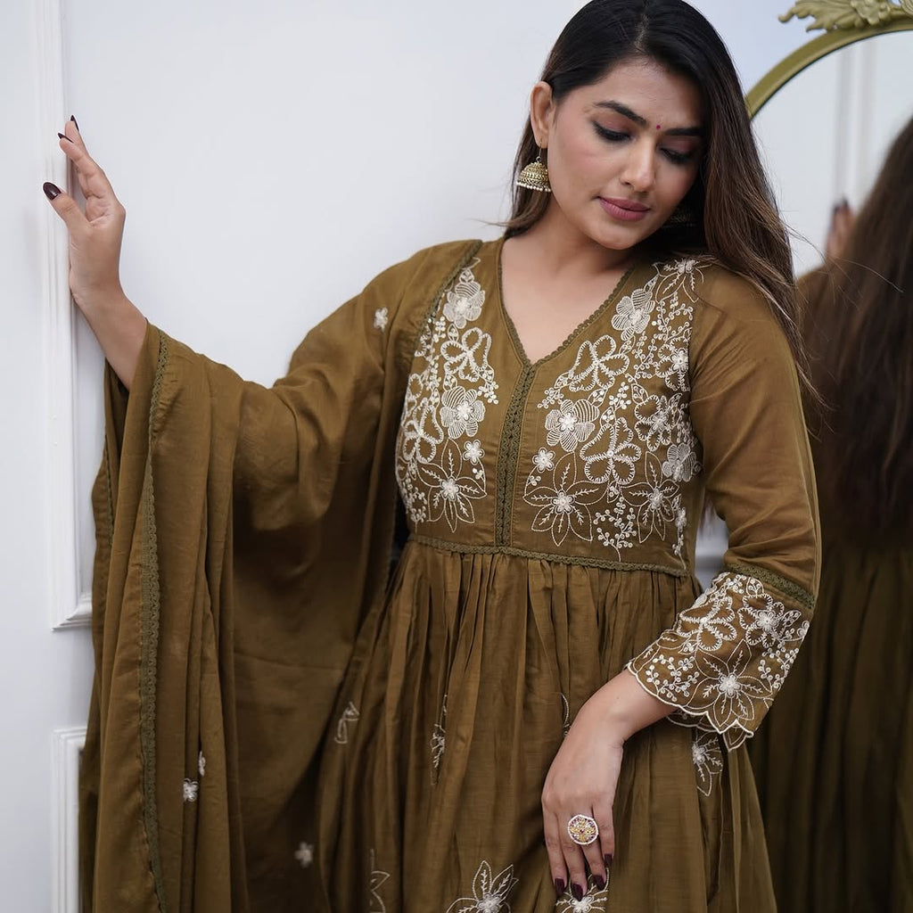 Lorenvalley Brown Cotton Silk Embroidered And Chikan Lace Work Kurta Set | Grocsy
