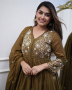Lorenvalley Brown Cotton Silk Embroidered And Chikan Lace Work Kurta Set | Grocsy