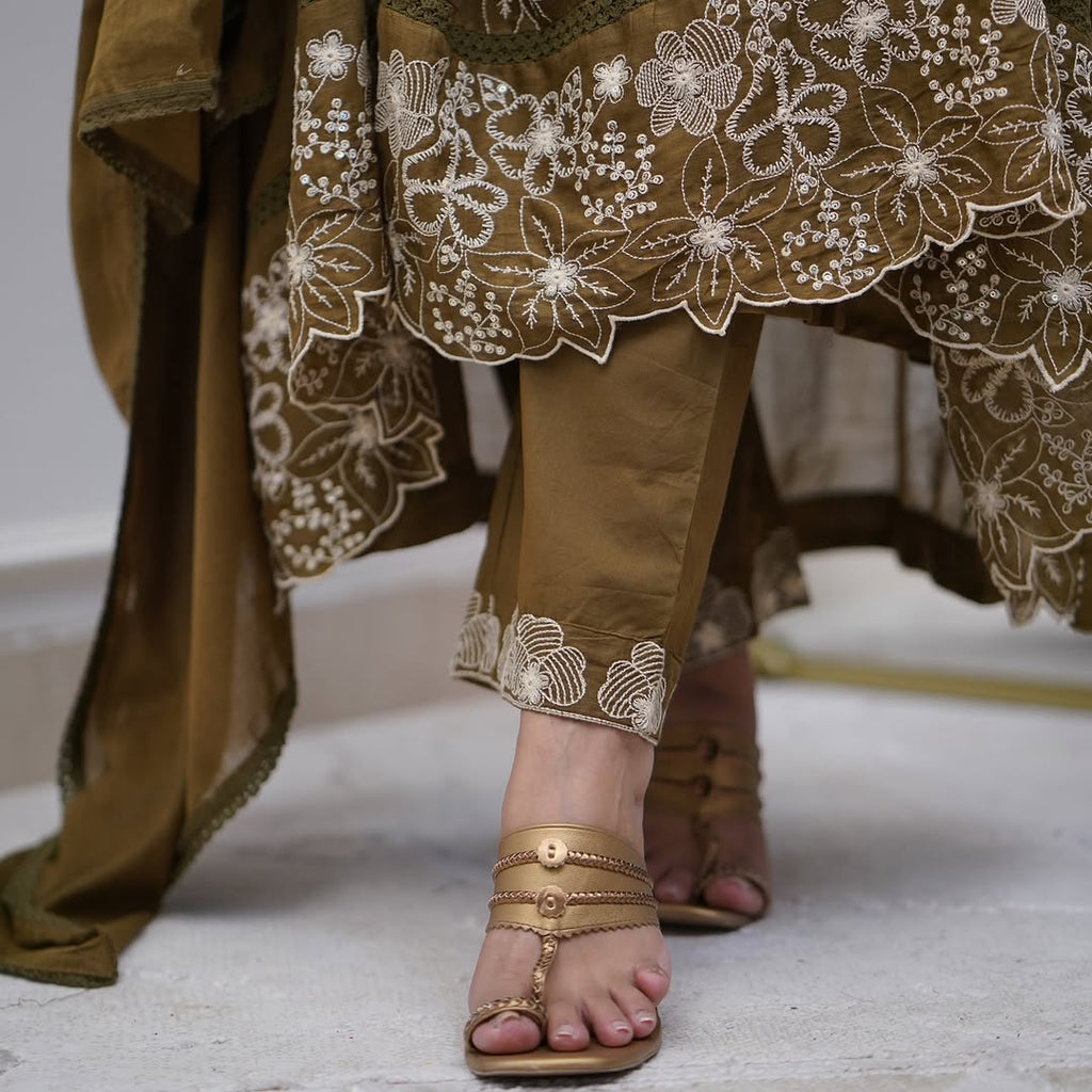 Lorenvalley Brown Cotton Silk Embroidered And Chikan Lace Work Kurta Set | Grocsy