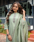 Lorenvalley Seagreen Muslin Silk Embroidered work Kurta Set | Grocsy