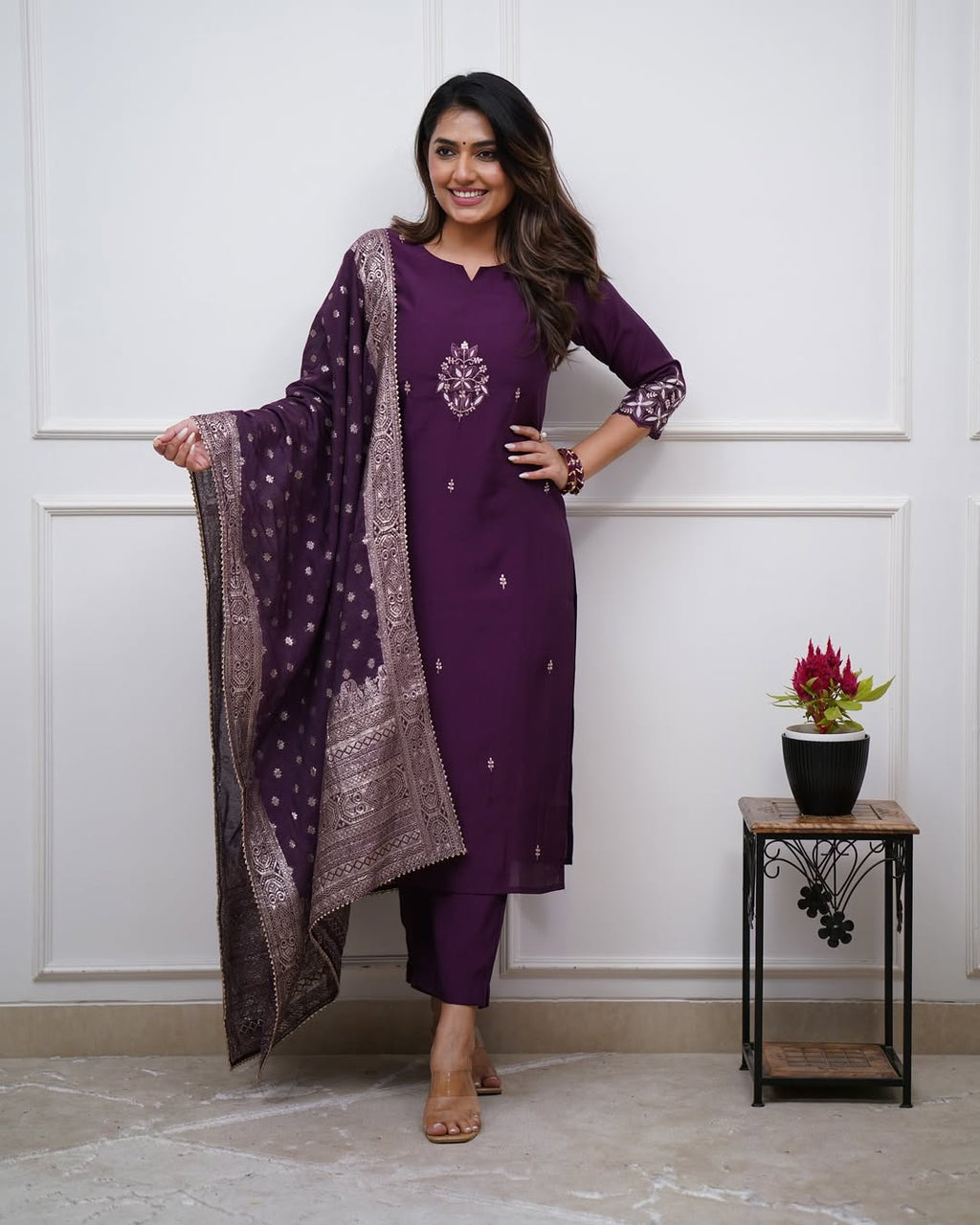 Lorenvalley Purple PV Chanderi Embroidered work Kurta Set | Grocsy
