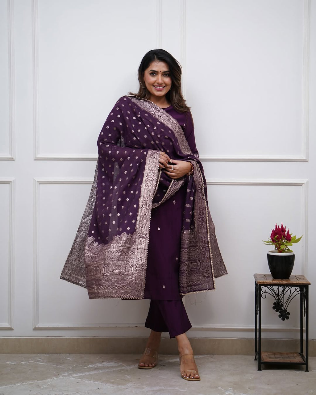 Lorenvalley Purple PV Chanderi Embroidered work Kurta Set | Grocsy