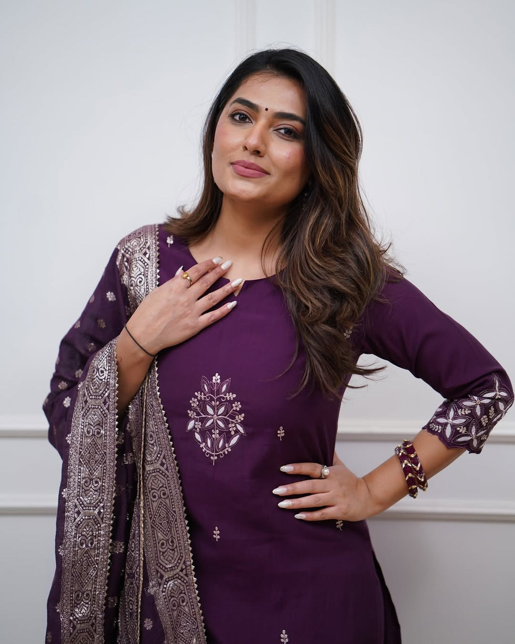 Lorenvalley Purple PV Chanderi Embroidered work Kurta Set | Grocsy