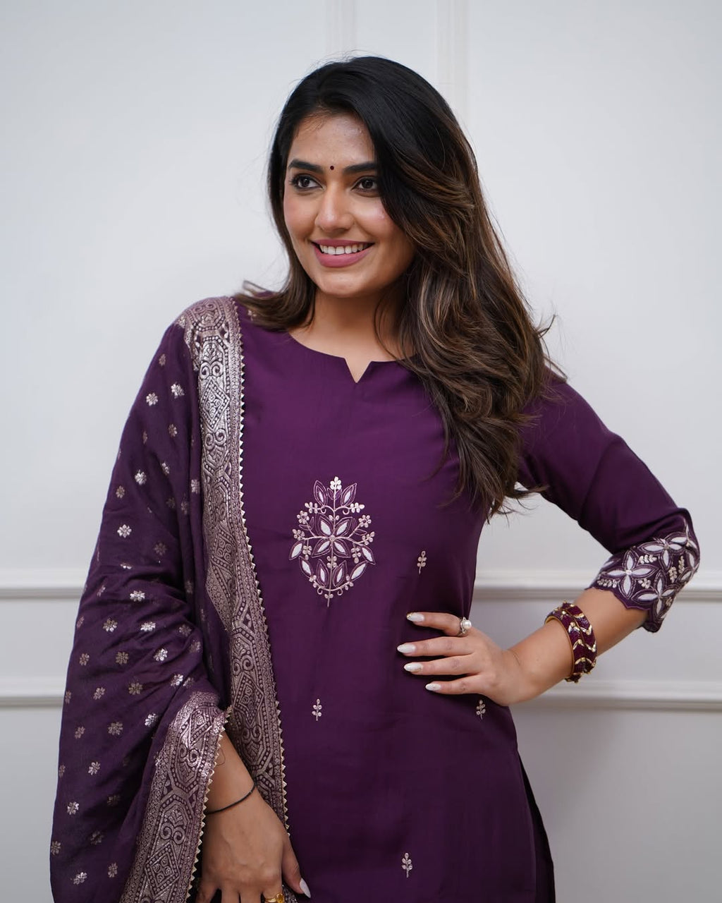 Lorenvalley Purple PV Chanderi Embroidered work Kurta Set | Grocsy