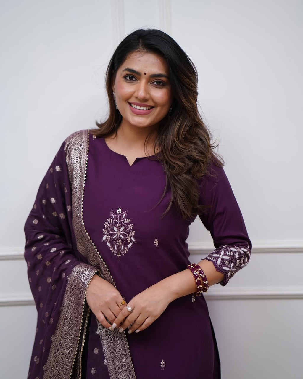 Lorenvalley Purple PV Chanderi Embroidered work Kurta Set | Grocsy
