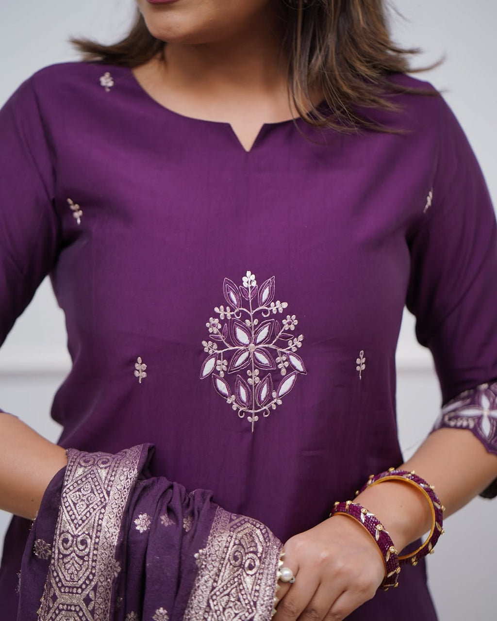 Lorenvalley Purple PV Chanderi Embroidered work Kurta Set | Grocsy