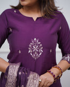 Lorenvalley Purple PV Chanderi Embroidered work Kurta Set | Grocsy