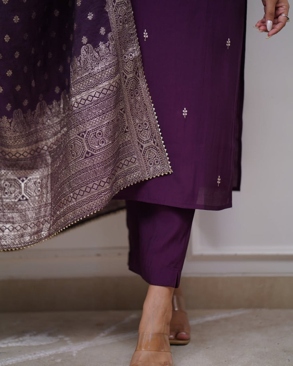 Lorenvalley Purple PV Chanderi Embroidered work Kurta Set | Grocsy