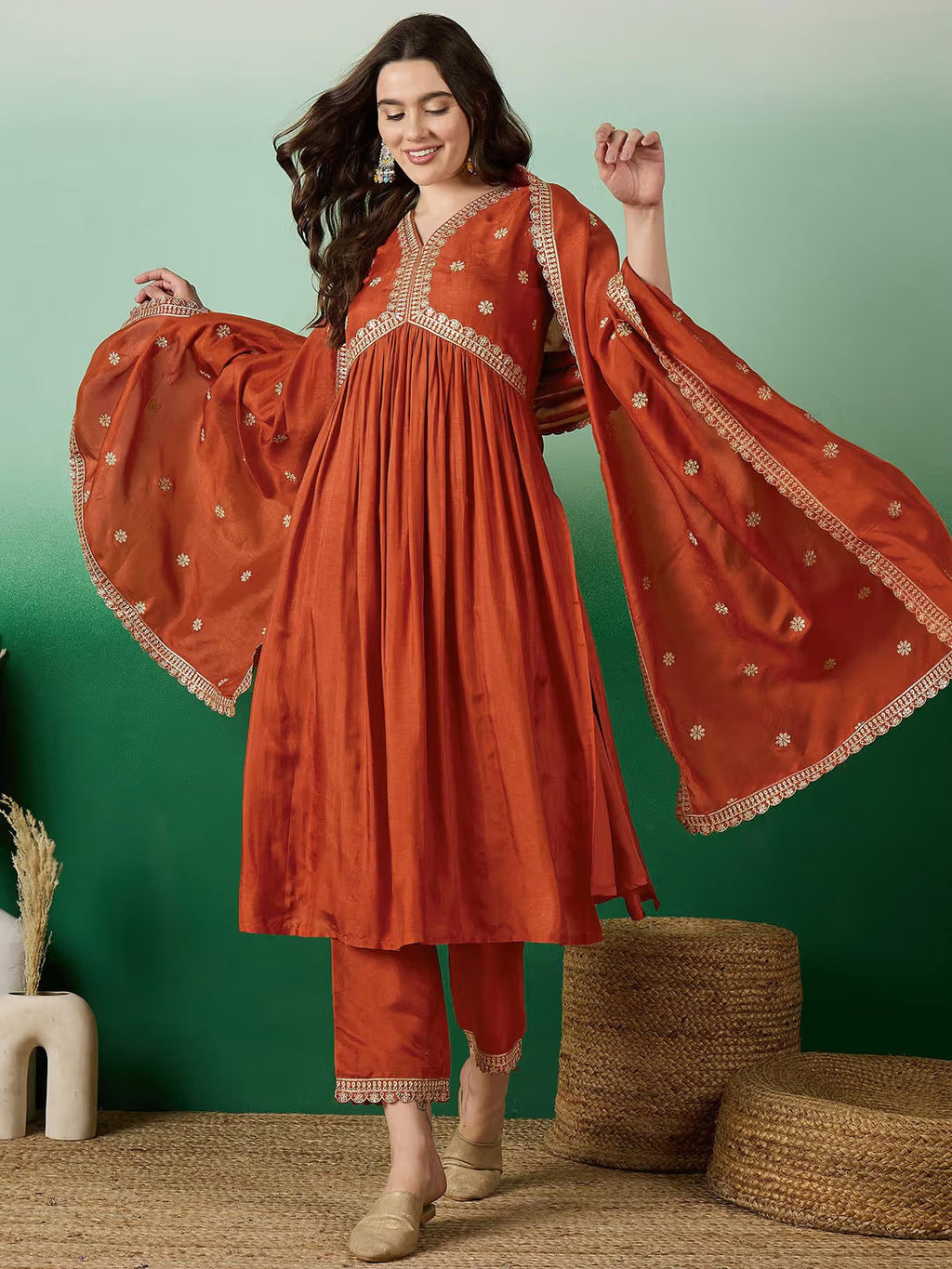 Lorenvalley Rust Muslin Silk Embroidered work Kurta Set | Grocsy