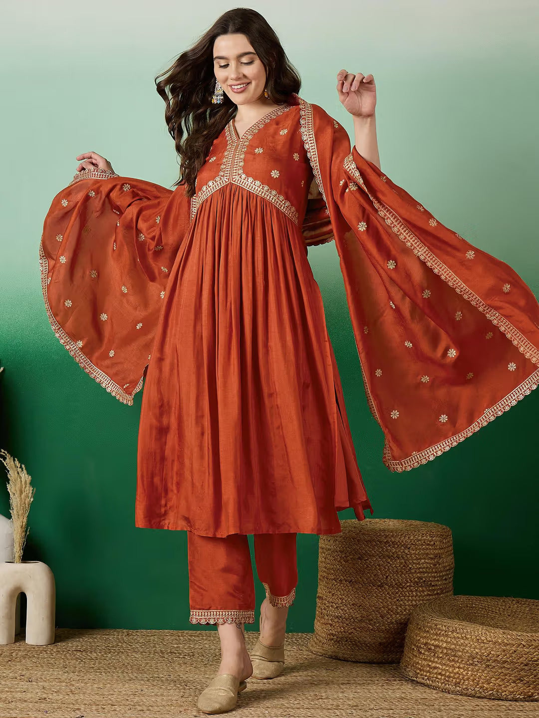 Lorenvalley Rust Muslin Silk Embroidered work Kurta Set | Grocsy