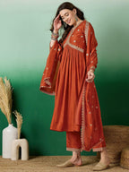 Lorenvalley Rust Muslin Silk Embroidered work Kurta Set | Grocsy