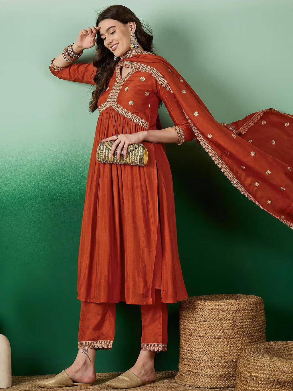 Lorenvalley Rust Muslin Silk Embroidered work Kurta Set | Grocsy