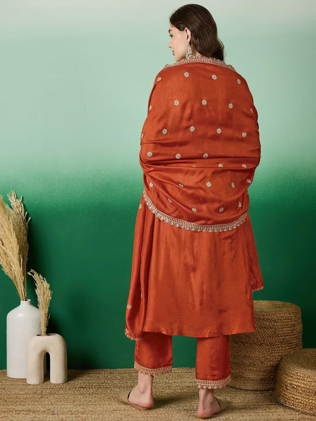 Lorenvalley Rust Muslin Silk Embroidered work Kurta Set | Grocsy