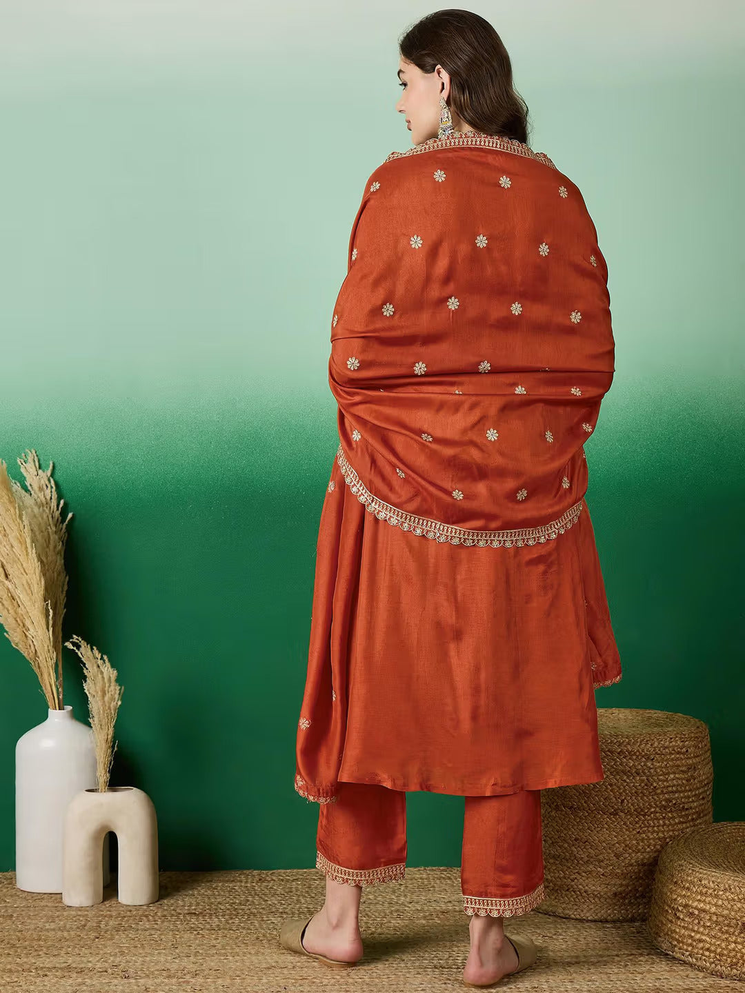 Lorenvalley Rust Muslin Silk Embroidered work Kurta Set | Grocsy