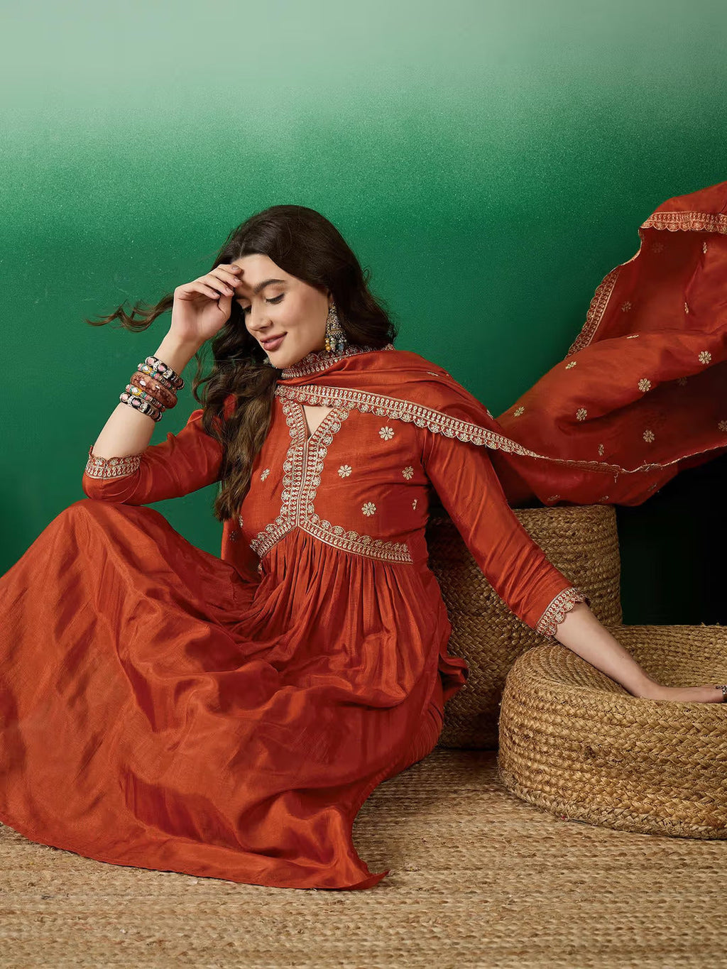 Lorenvalley Rust Muslin Silk Embroidered work Kurta Set | Grocsy