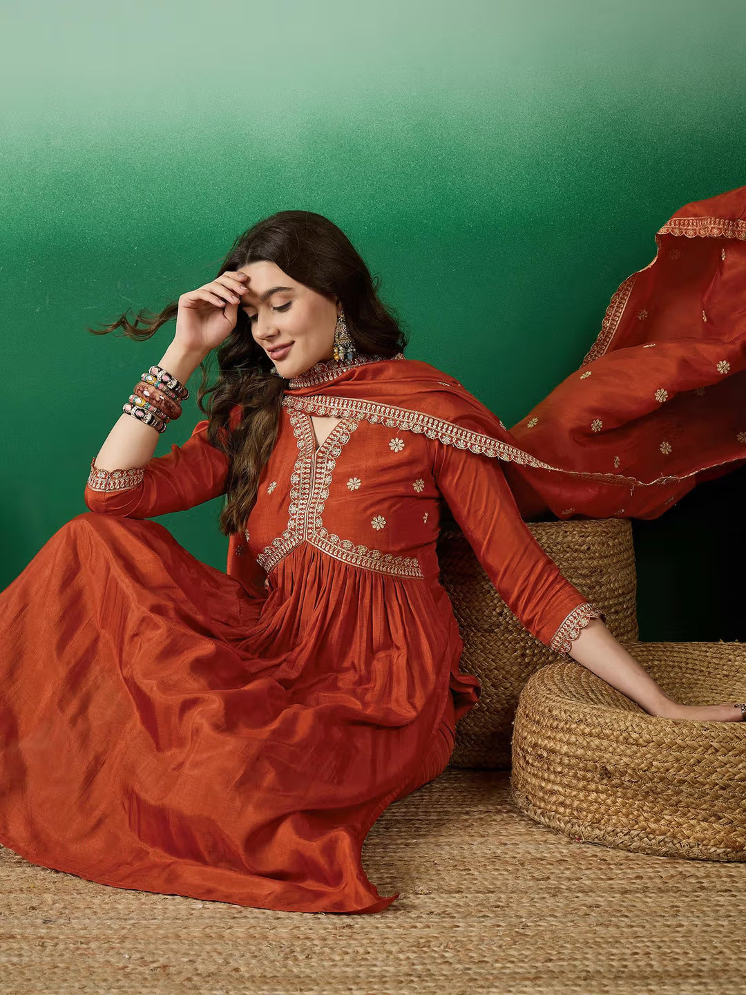 Lorenvalley Rust Muslin Silk Embroidered work Kurta Set | Grocsy