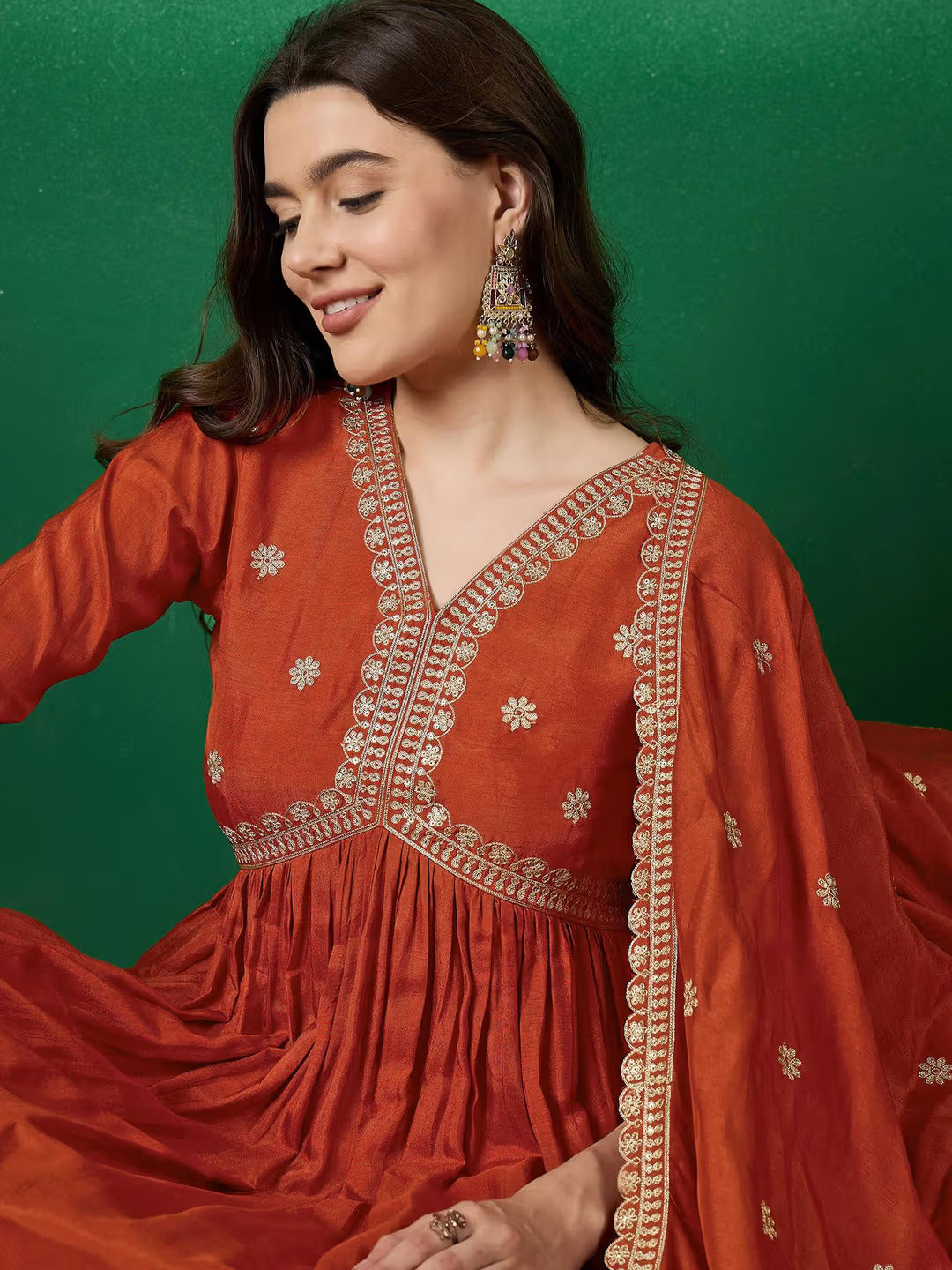 Lorenvalley Rust Muslin Silk Embroidered work Kurta Set | Grocsy