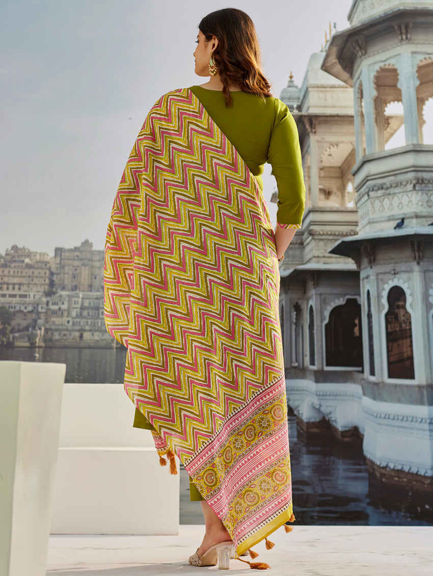 Lorenvalley Green Muslin Cotton Embroidered With Printed Border Kurta Set | Grocsy