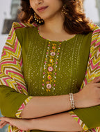Lorenvalley Green Muslin Cotton Embroidered With Printed Border Kurta Set | Grocsy