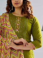 Lorenvalley Green Muslin Cotton Embroidered With Printed Border Kurta Set | Grocsy
