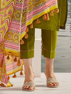 Lorenvalley Green Muslin Cotton Embroidered With Printed Border Kurta Set | Grocsy
