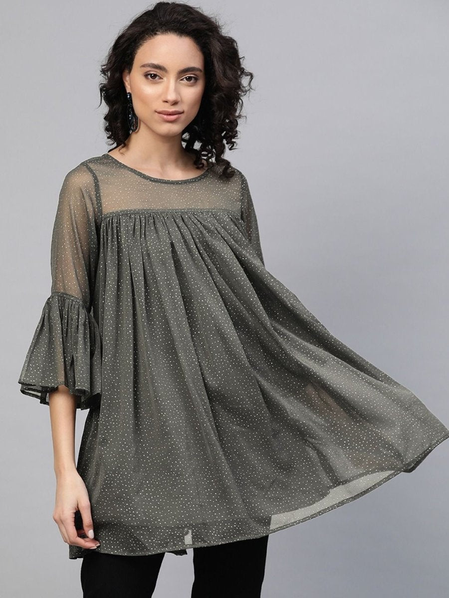Ahalyaa Women Grey Chiffon Silver Glitter Printed Tunic | Grocsy