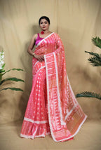 Exclusive Collection Beautiful Peach Jaal Jamdani Saree | Grocsy