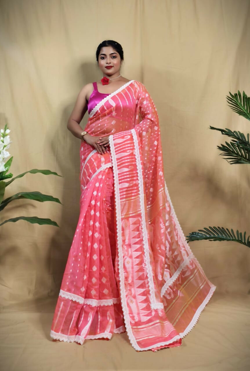 Exclusive Collection Beautiful Peach Jaal Jamdani Saree | Grocsy