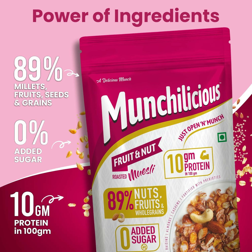 Munchilicious Muesli - Fruit & Nut, 75% Nuts, Grains, Seeds, Fruits & Berries | Grocsy