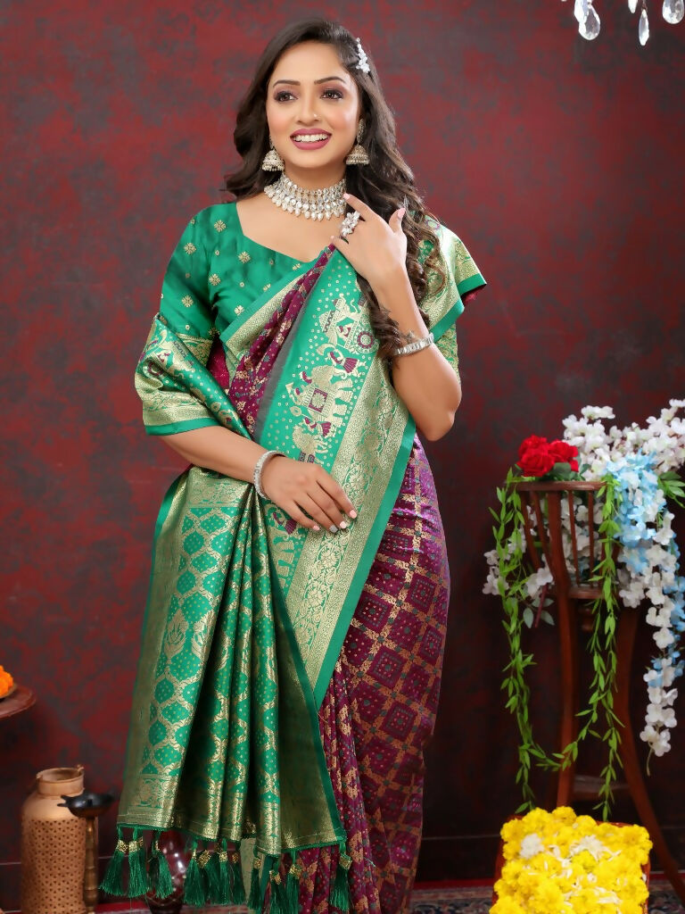 Vastranavya Purple Soft Patola Silk With Meenakari Weaving Motifs And Rich Zari Weaving Pallu Saree With Matching Blouse Fabric | Grocsy