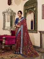 Vastranavya Maroon Poly Cotton Kalamkari Printed Saree with Unstitched Blouse | Grocsy