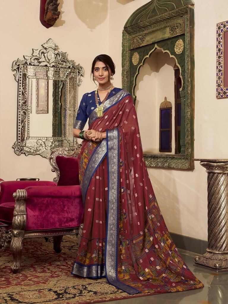 Vastranavya Maroon Poly Cotton Kalamkari Printed Saree with Unstitched Blouse | Grocsy
