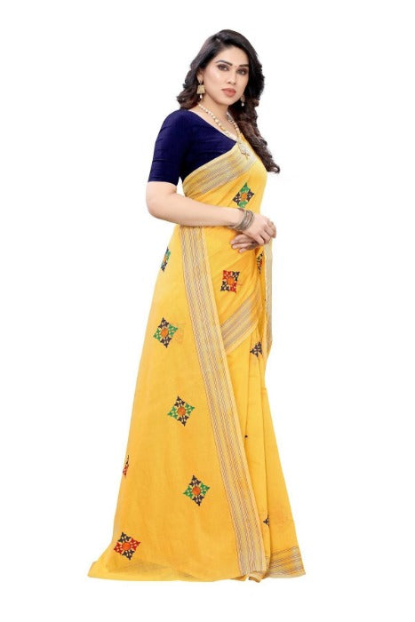Vamika Chanderi Cotton Box Designed Embroidery Yellow Saree (Dixa Yellow) | Grocsy