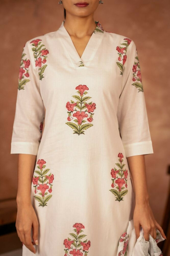 Joban Fashion Off White Pink Hand Block Printed Cotton Suit Set | Grocsy
