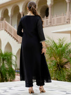 The52 Black Women's Beautiful Embroidered work Chinon Fabric with Flared Kurta, Pant and Dupatta Set | Grocsy