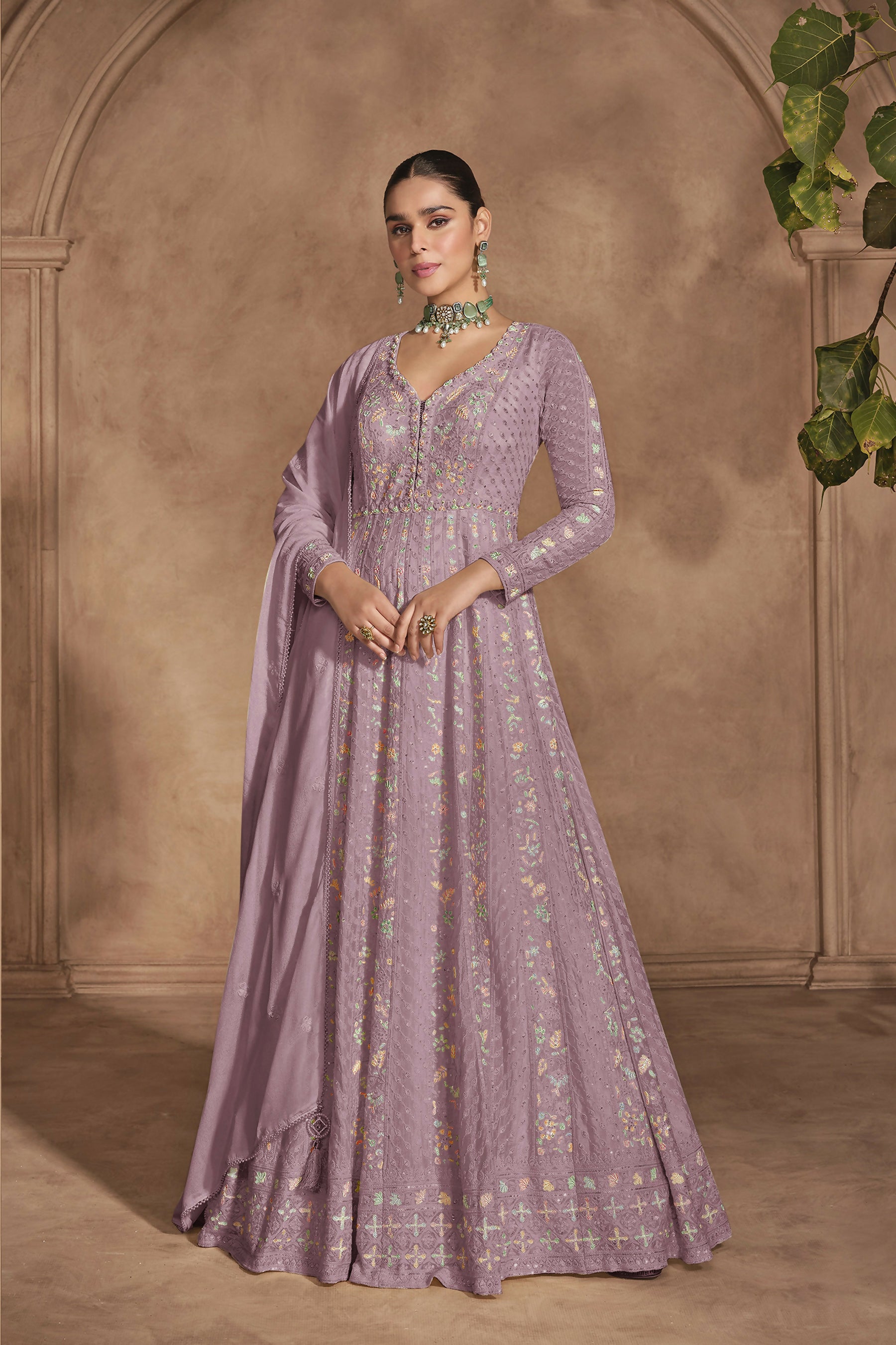 Vastranavya Mauve Chikankari Embroidered Sequence Work Abaya Suit | Grocsy