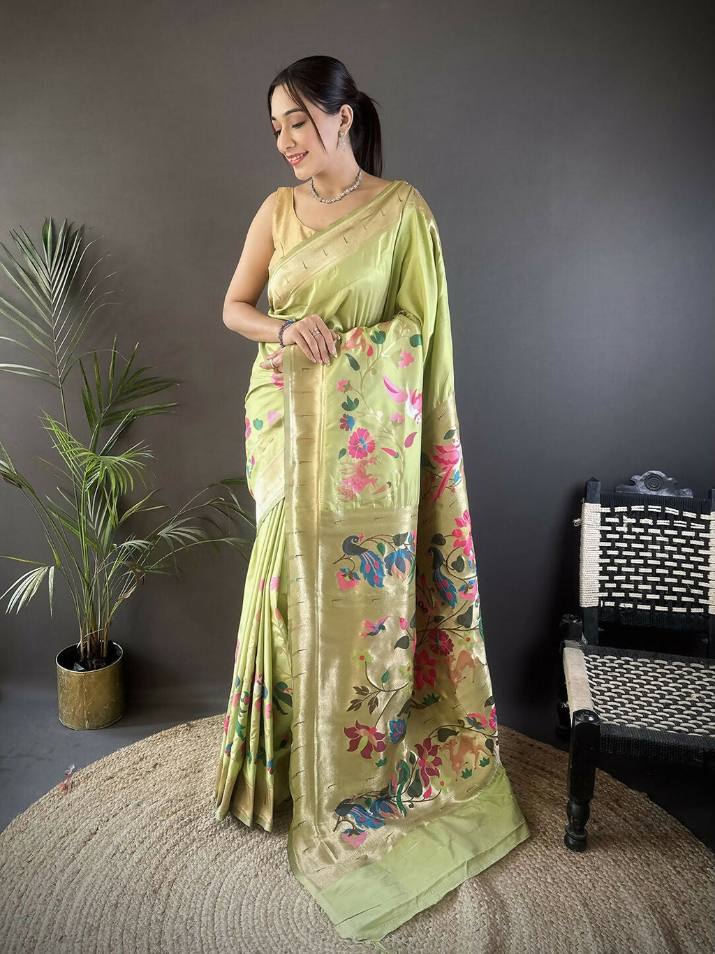 Joban Fashion Pista Green Floral Paithani Sarees | Grocsy