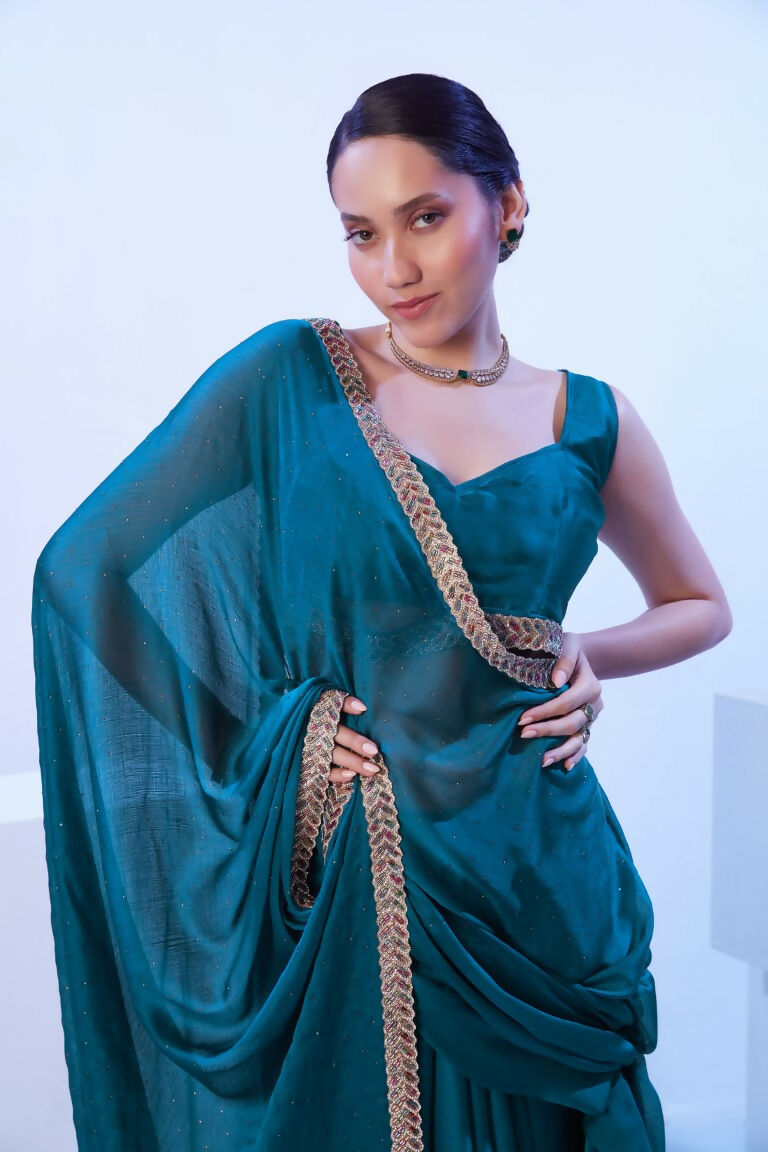 Firozi Satin Chiffon Solid Designer & Lace Work Saree - Samaa | Grocsy
