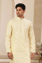 Raivat Ethnic Men's Art Silk Thread Work Kurta Pyjama In Yellow Colour | Grocsy