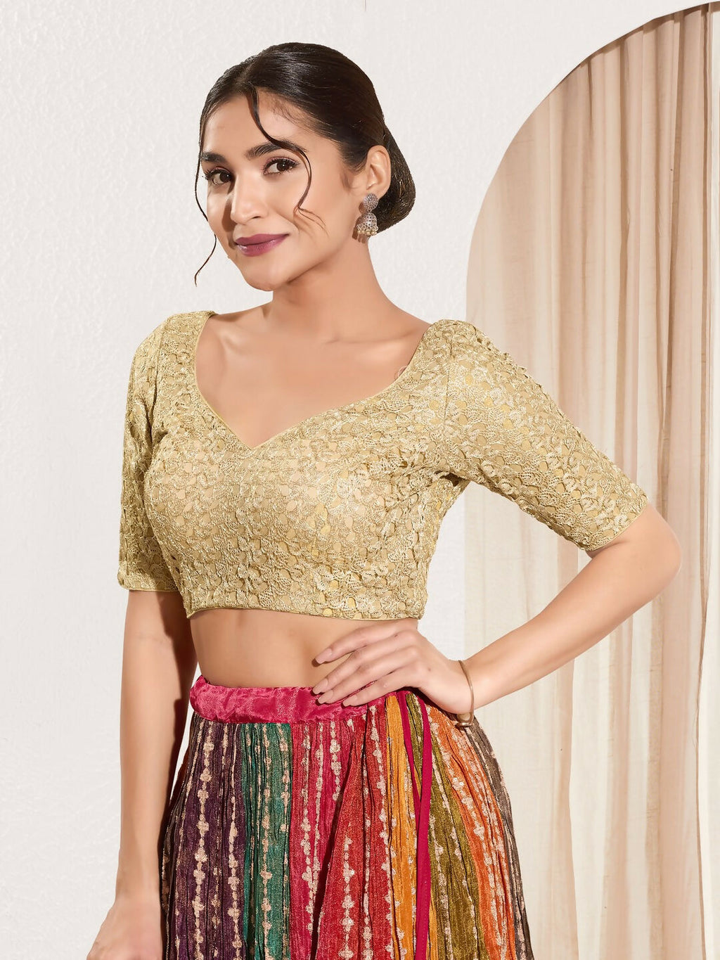 Joban Fashion Gold Crochet Padded Blouse With Sweetheart Neck Elbow Sleeves | Grocsy
